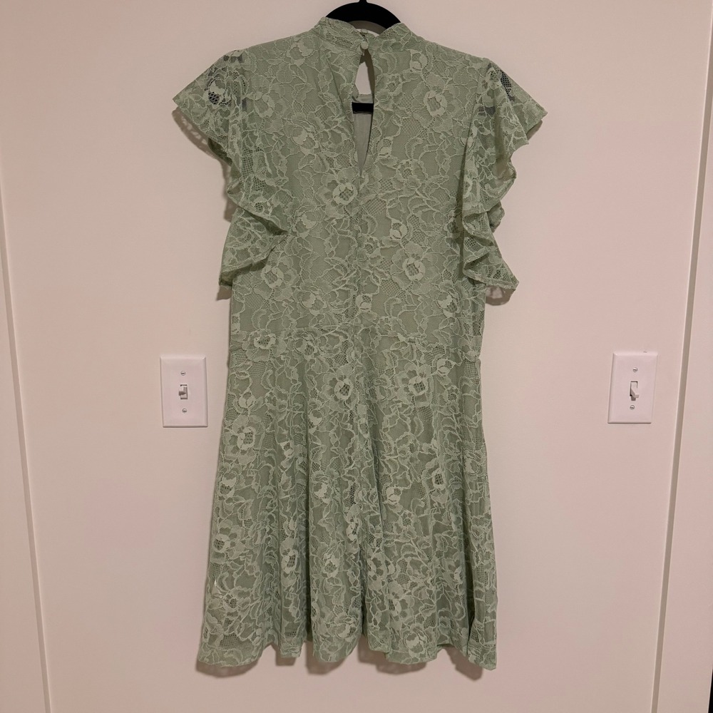 Maeve Anthropologie Sage Green Floral‎ Lace Mock Neck Flutter Sleeve Dress Large - Picture 2 of 4